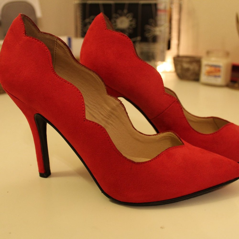 Red Scalloped Suede Heels